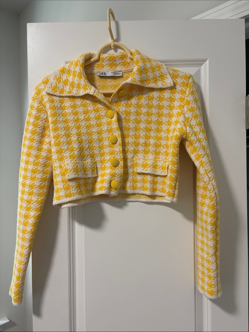 Zara Yellow & Cream Houndstooth Cropped Blazer